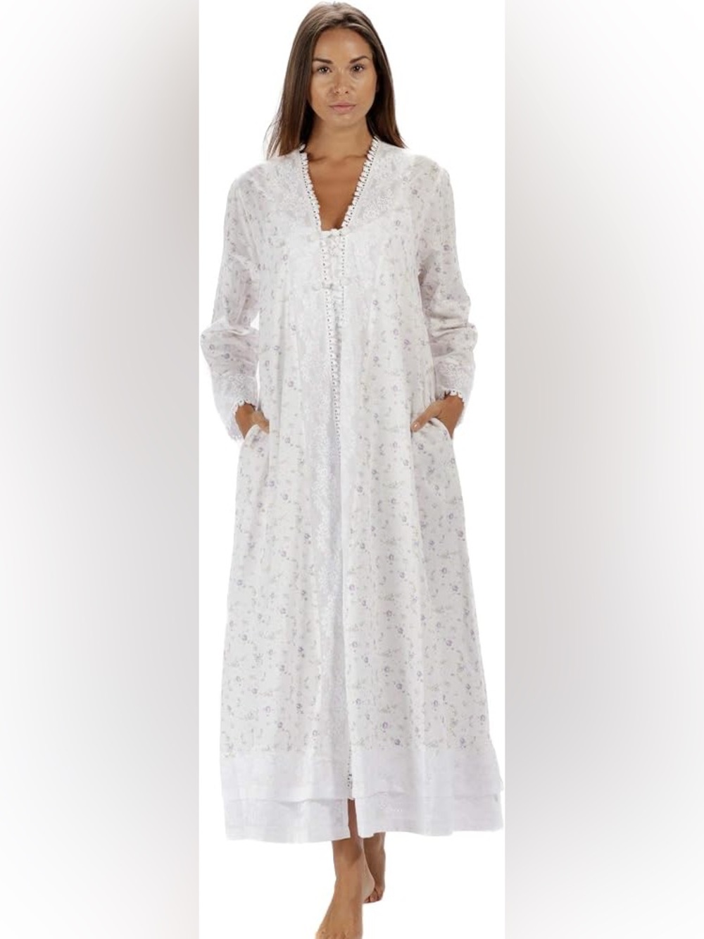 Vintage White Floral Long Nightgown with Lavender Accents